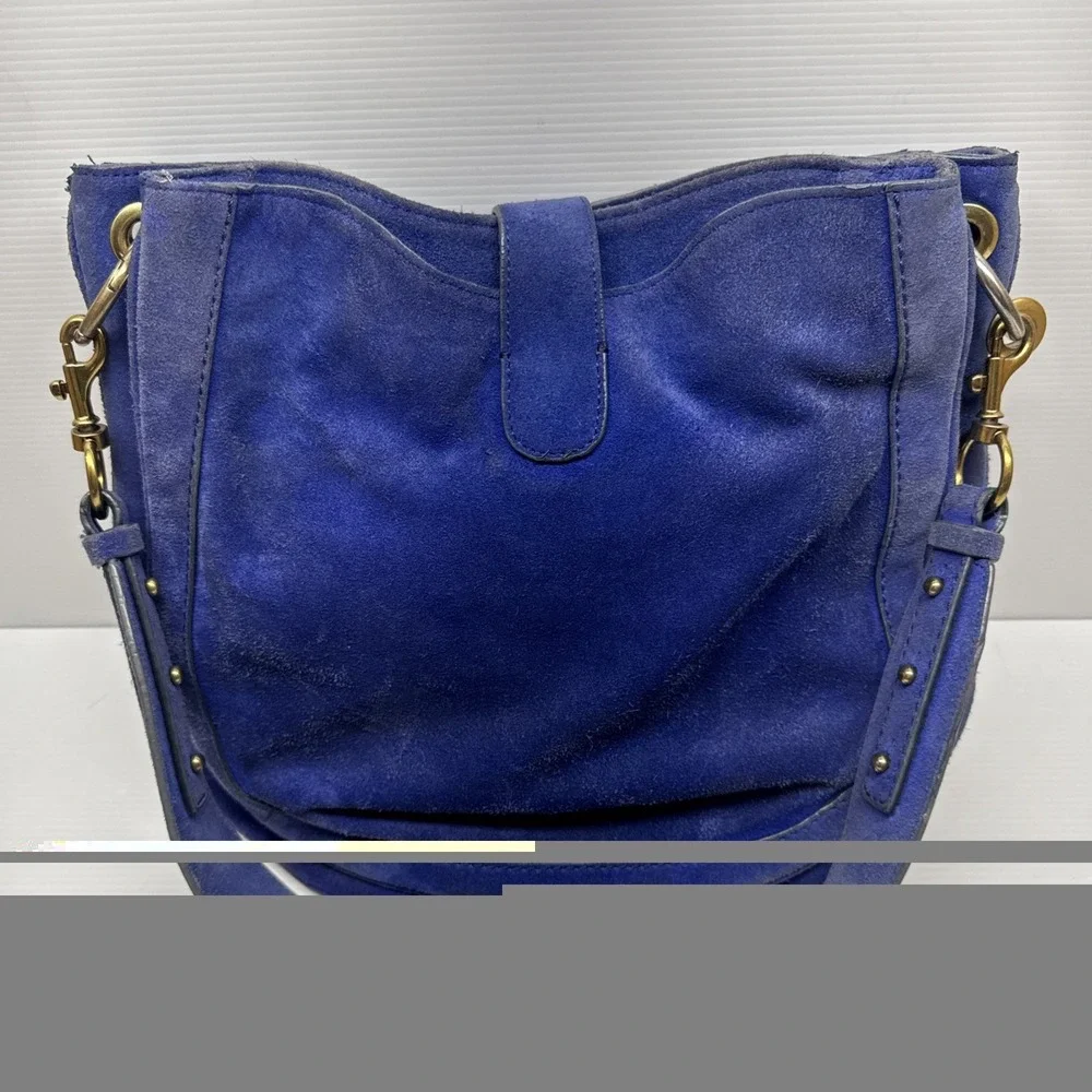 VTG J. Crew Blue Suede Leather Push Lock Triple Compartment Hobo Shoulder Bag